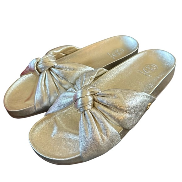 Tory Burch Spark Gold Metallic Puffy Knotted Anatomic Slide Sandals 10 NWT BOX - Picture 4 of 8